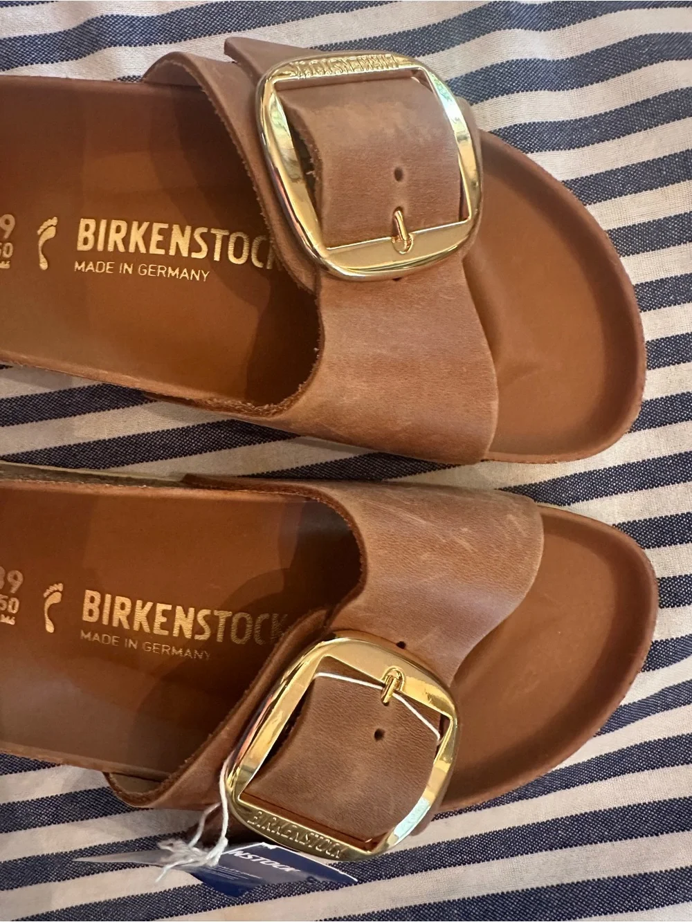 Birkenstock Madrid Big Buckle  Single-Band Slide in Cognac Brown with Gold Logo